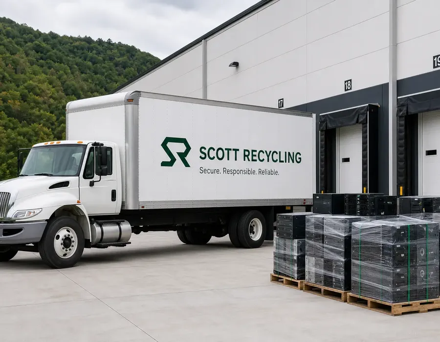 Scott Recycling truck collecting IT equipment at a customer loading dock